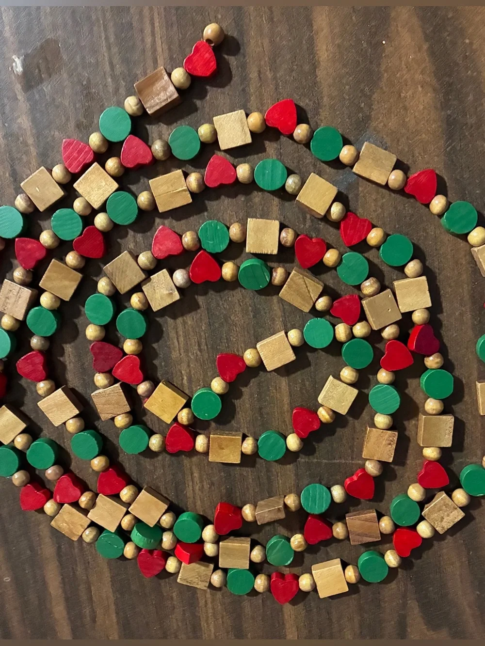 Vtg Christmas Tree Holiday Garland Wood Beads Hearts Farmhouse Country 9Ft